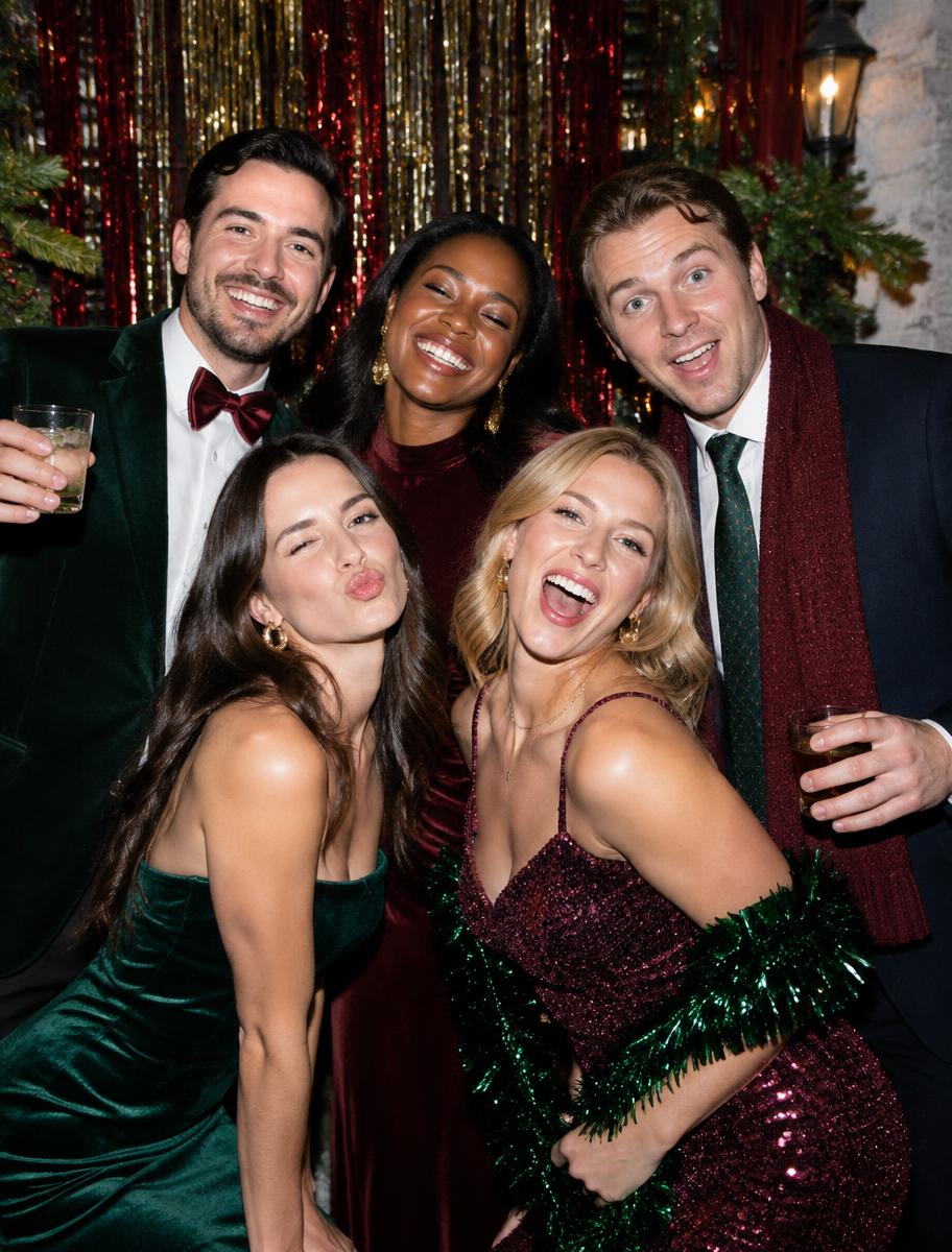 Friends posing together at a holiday party photo booth