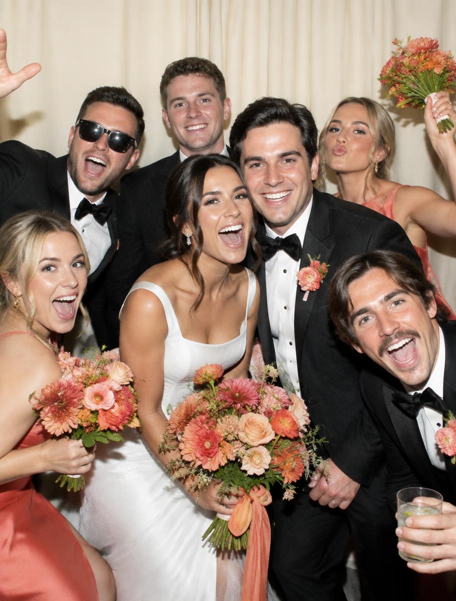 Wedding party laughing together in a photo booth